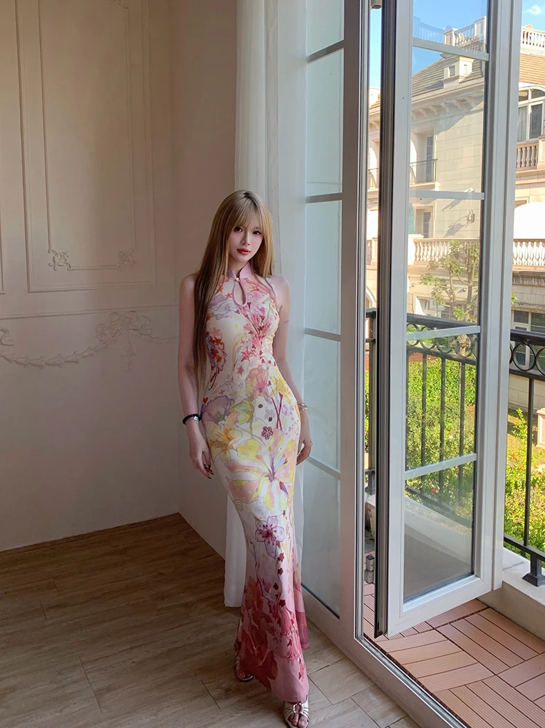

Mipao "" New Chinese Style Gradient Print Sleeveless Lace Halter Qipao Dress Layered Two-Piece Set Fashionable Long Eveni...