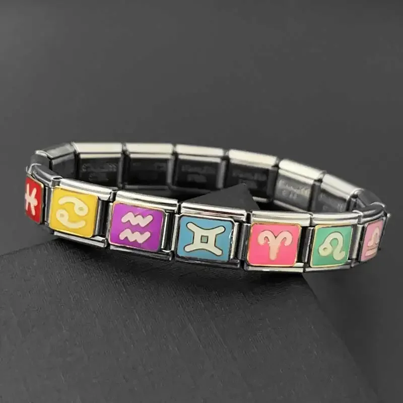Pulsera italiana de acero inoxidable para mujeres y hombres, módulo de 12 Constelaciones, 12 patrones de estrellas empalmadas, cadenas de regalo