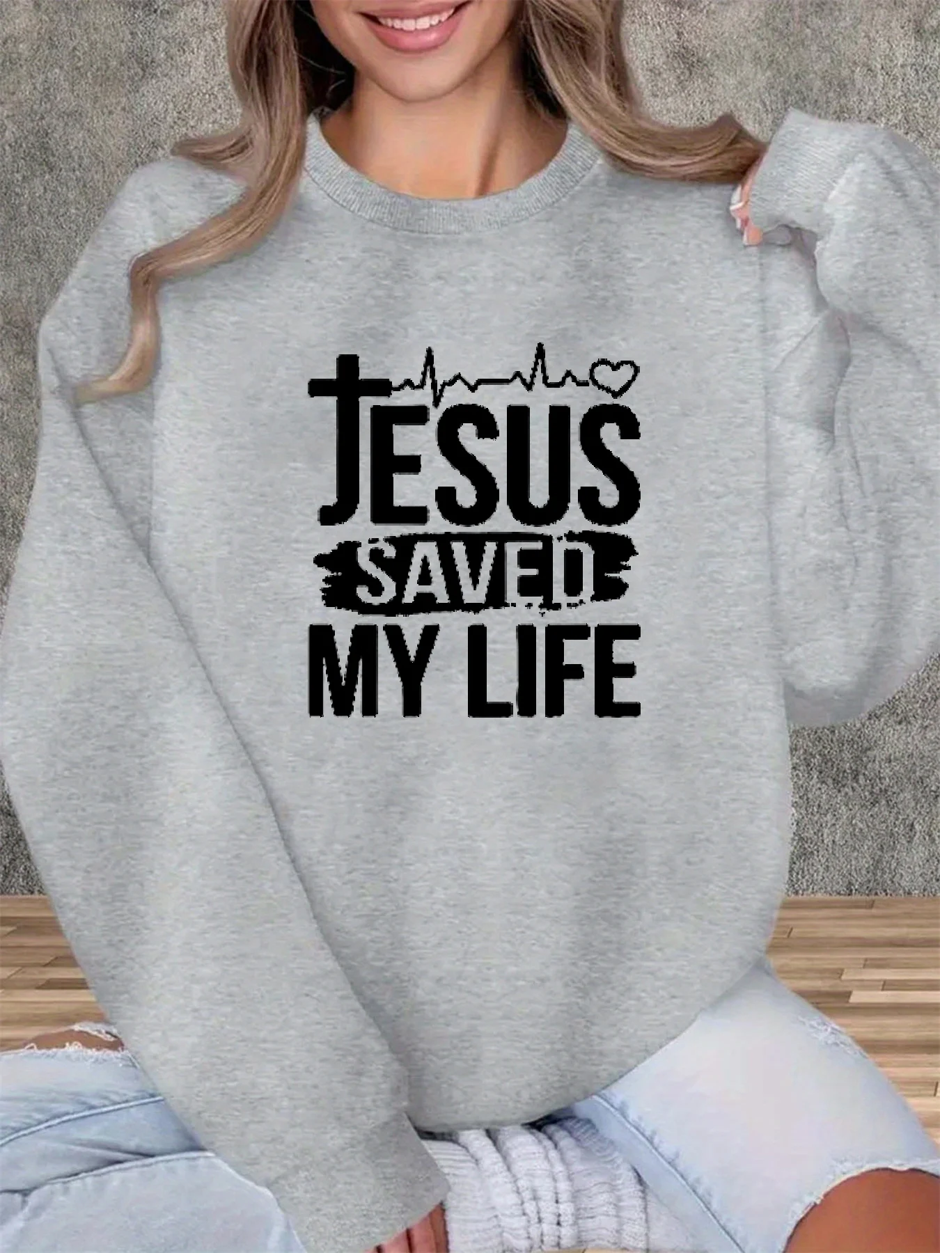 Jersey de manga larga con cuello redondo y estampado de letras de Jesús, holgado, cómodo y cálido, informal, a la moda, para otoño e invierno