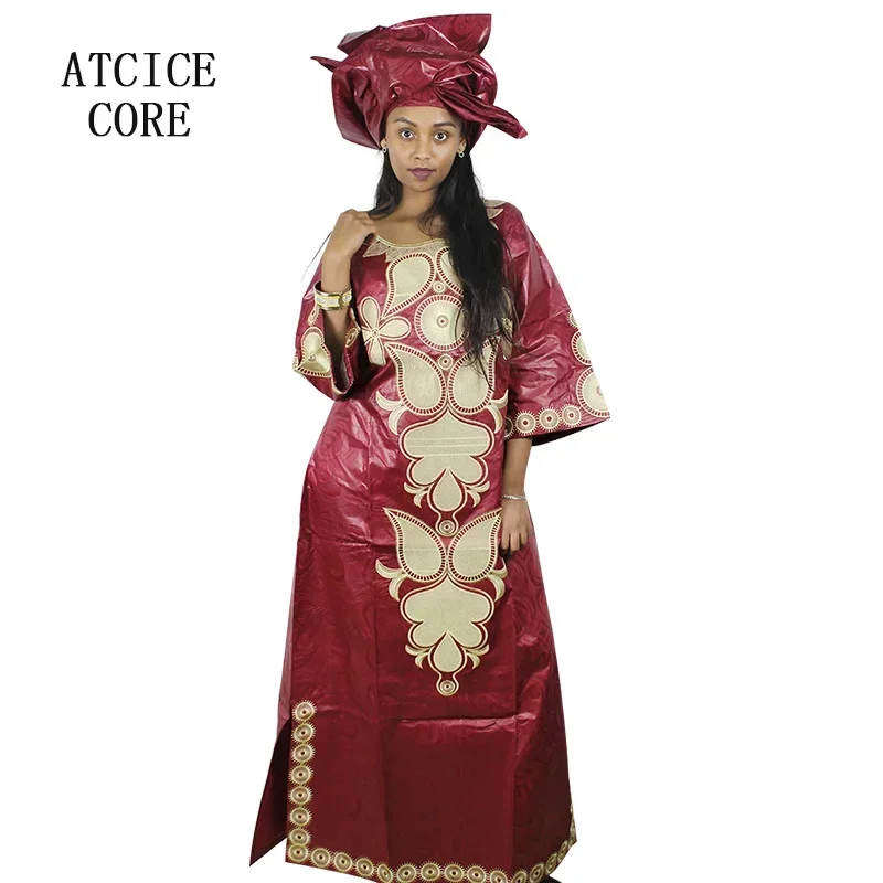 African Dresses For Woman Cotton Bazin Riche Embroidery Design Long Dress Scarf