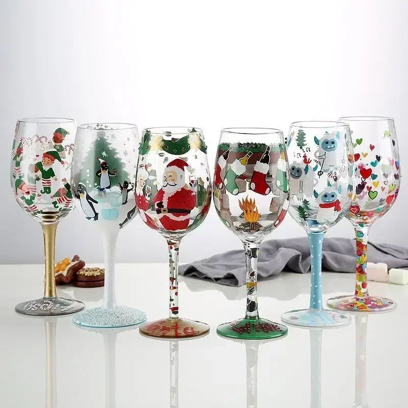 Christmas Print Wine Glass Christmas Decor Red Wine Goblet Creative Hand Drawing Painted Home Party Festival Cups Bar Wine Set