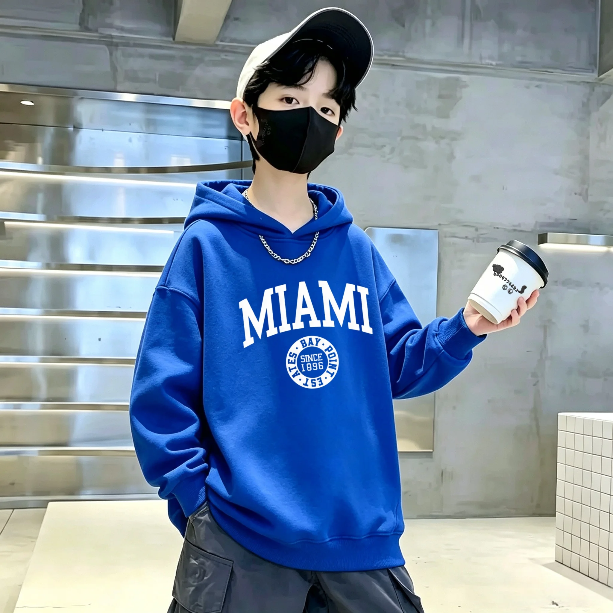Trendy children's long-sleeved hooded pullover,classic retro Miami letter print oversized loose-fitting warm children's pullover
