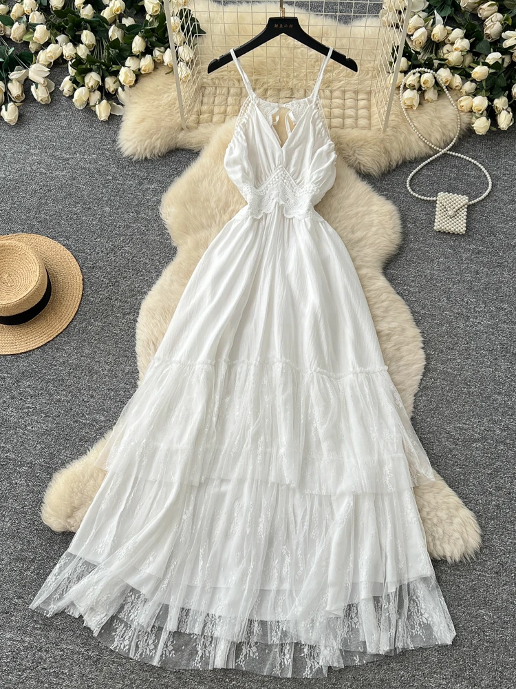

Summer Vacation Style White Lace Splice V-neck Strap Dress Women's Sexy Waist-cinching Gored Skirt Fairy Long Dress