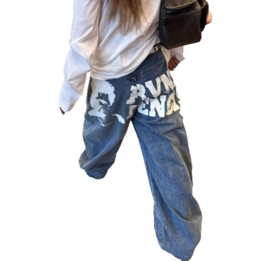 Jean Baggy bleu Y2k pour femme, pantalon en Denim imprimé Vintage Harajuku, Style japonais des années 2000, vêtements surdimensionnés, automne