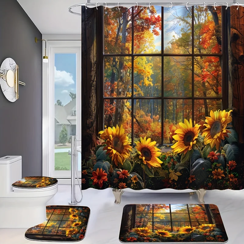 

Набор занавесок для душа с осенним пейзажным принтом, нескользящим ковриком для ванной, крышкой крышки унитаза, ковриком для ванной комнаты и 12 пластиковых крючками, водоотталкивающей способностью.