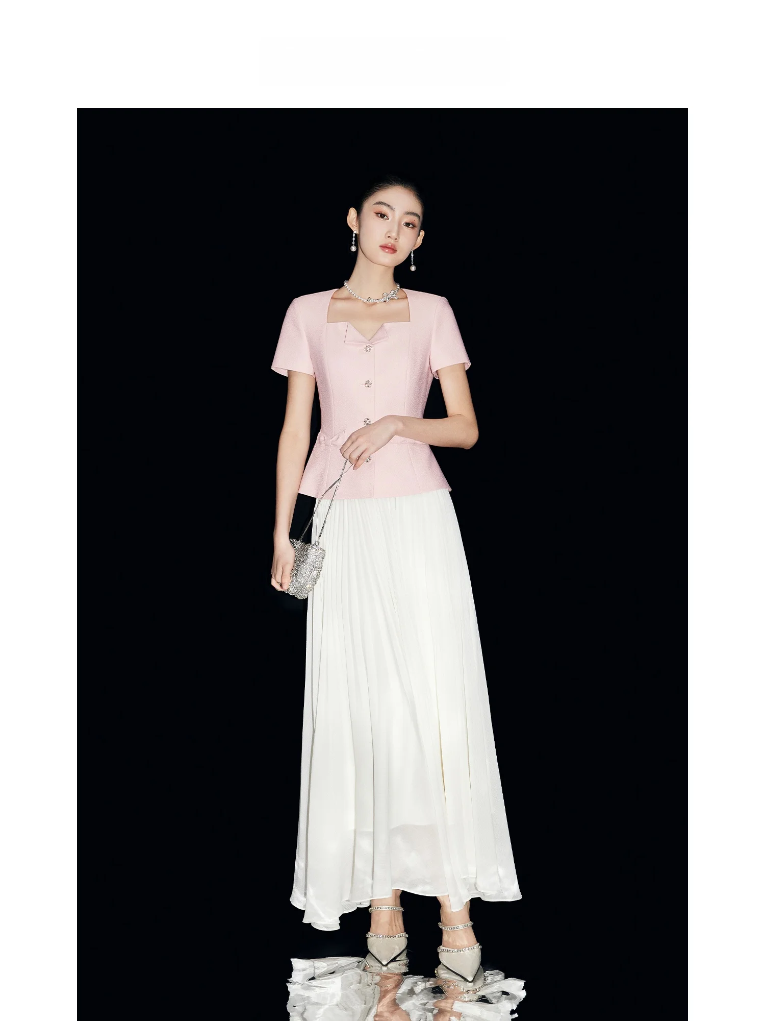 

Элегантный розовый жакет MandyZhang с пуговицами-бриллиантами, коротким рукавом, приталенный, с квадратным воротником, женская летняя модная верхняя одежда