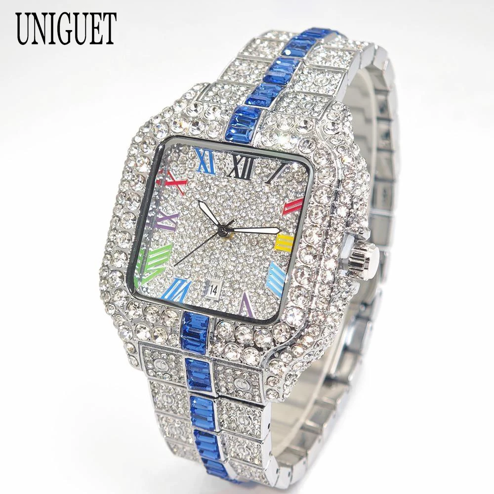 

Luxury Brand UNIGUET Hip Hop Men's Watch Full Diamond Rainbow Roman Numerals Dial Fashion Quartz Waterproof Wristwatch Men New