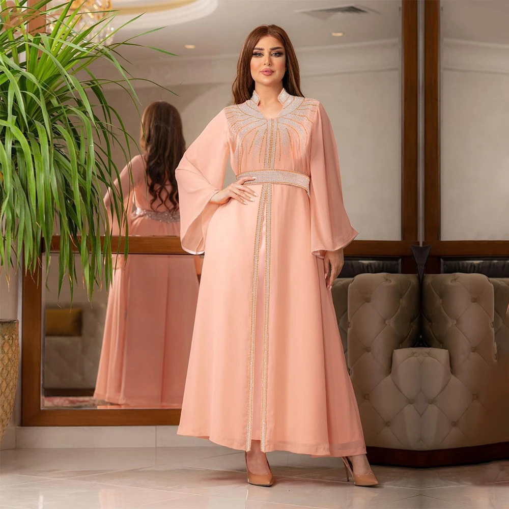 

Uni Arab Robe Fashion Middle East Muslim Kaftan Dubai Hot Fix Diamond Party Evening Dresses for Women Notched Stand Collar