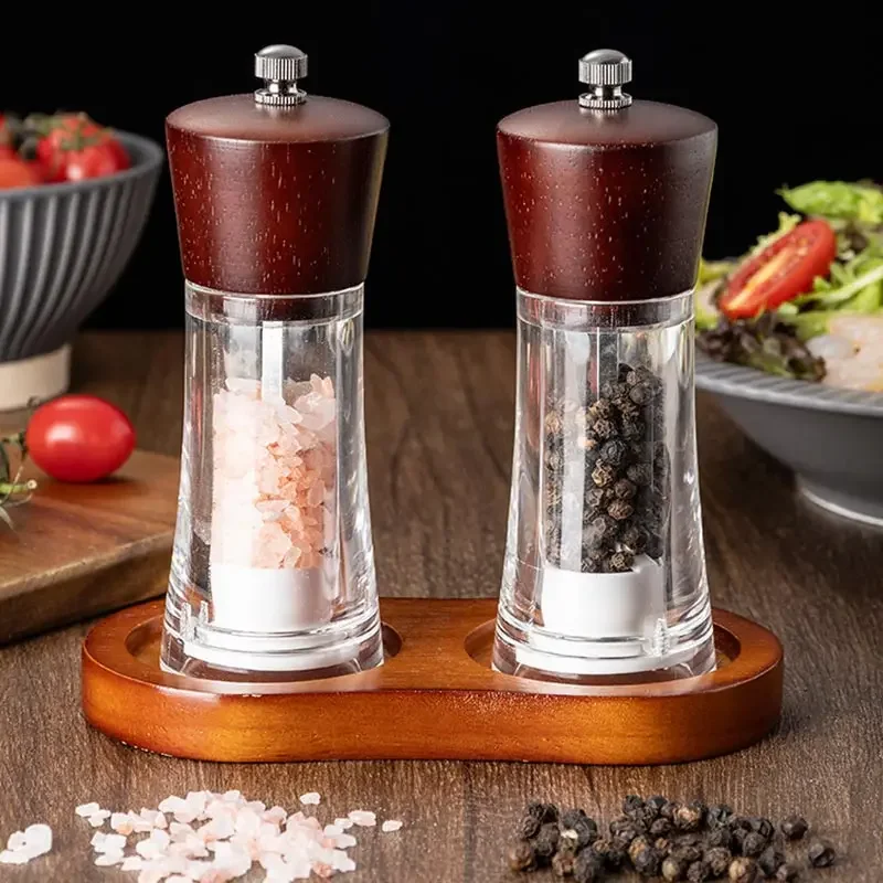 Transparent Acrylic Pepper Grinder Set With Base,Manual Solid Wood Head Rose Sea Salt Pepper Mills Western Seasoning Grinding