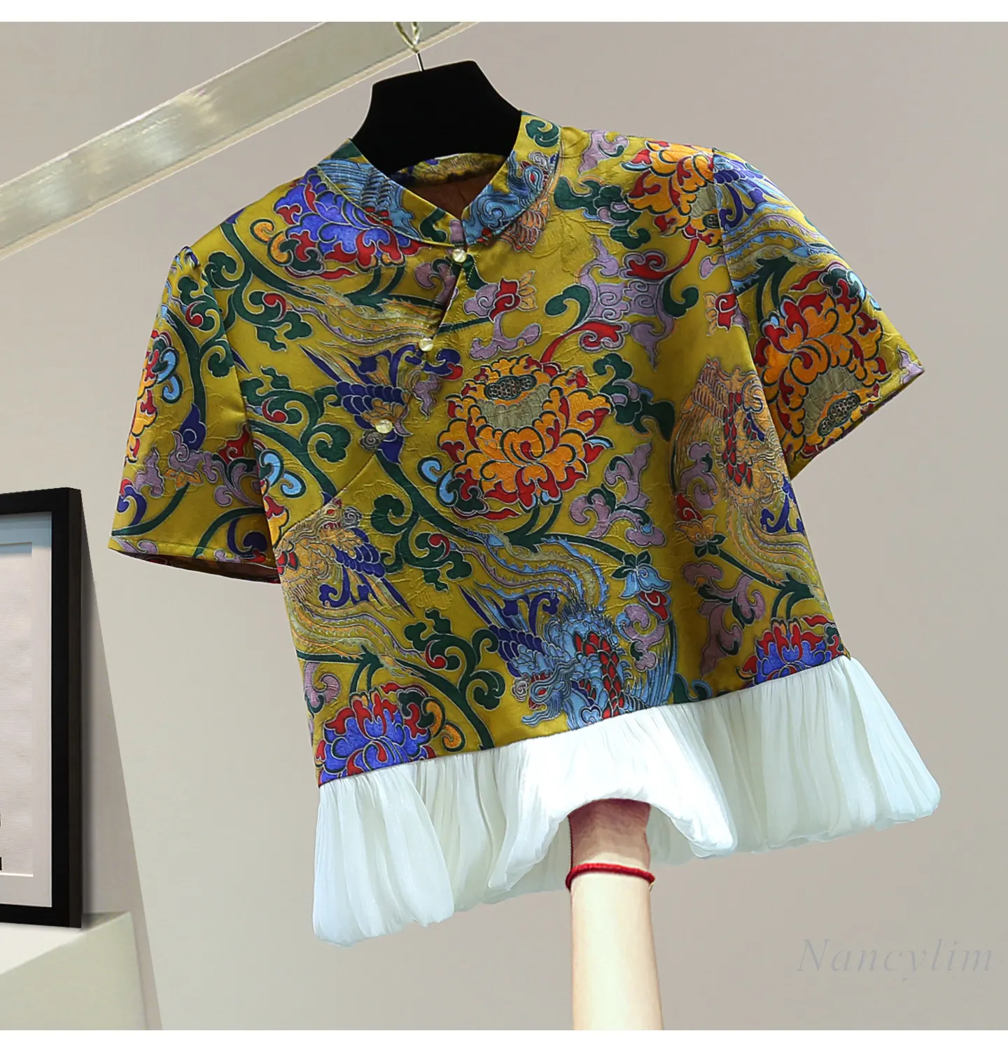 Chiffon Patchwork Retro Printing Shirt Women, 2026 Summer New Chinese Style Loose Stand Collar Short Sleeve Cheongsamtops Trendy