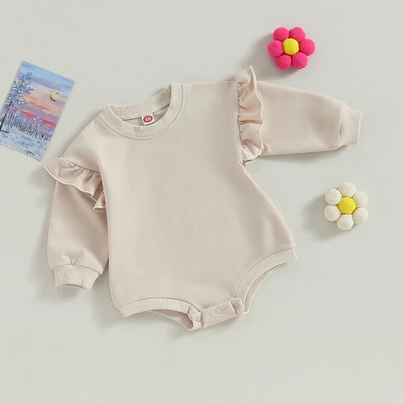 2023-06-21 Lioraitiin 0-18M Baby Boy Girl Sweatshirt Bodysuit Ruffle Long Sleeve Round Neck Solid Color Infant Jumpsuit