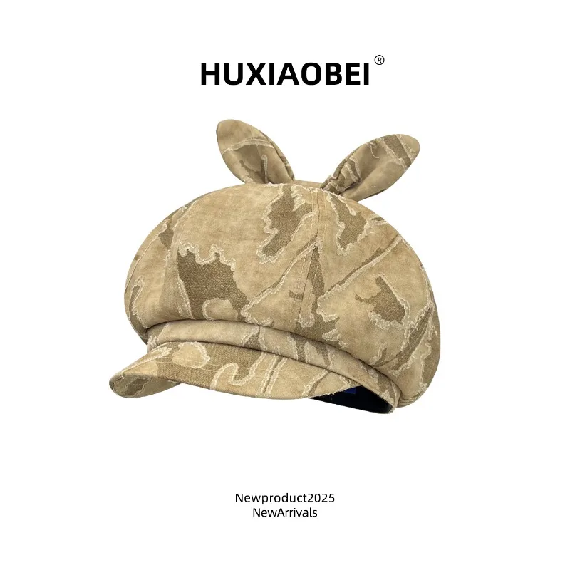 

New Trendy Rabbit Ear Splicing Octagonal Newsboy Cap Spring and Autumn Outdoor Leisure Sunshade Wide Brim Berets for Women's