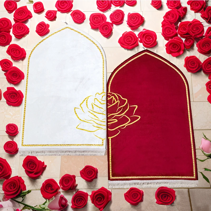 2pcs Couples Prayer Mats Muslim Printed Flower Padded Prayer Rug Ramadan Gift