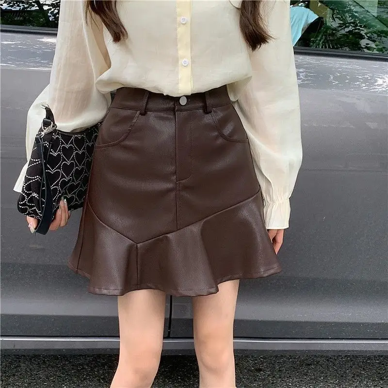 Autumn and Winter New Irregular High Waisted Fish Tail PU Leather Skirt Half Skirt New Slimming Short Skirt for Women