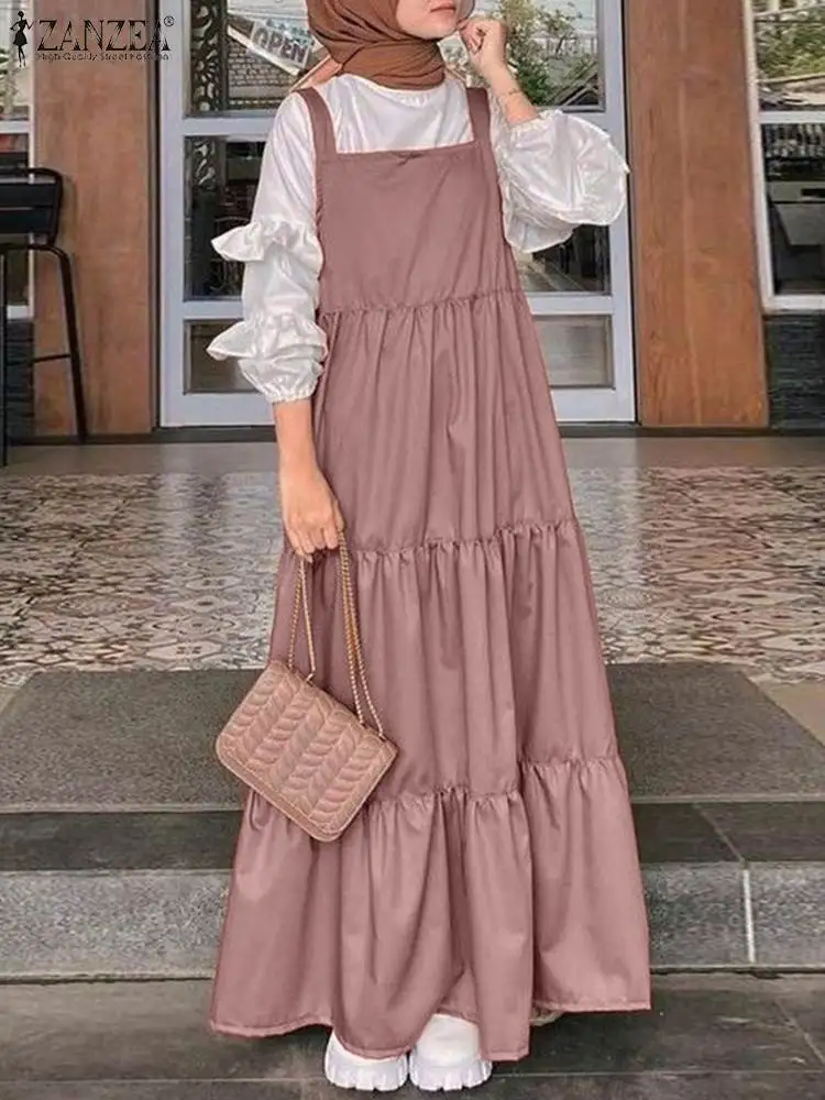 2023 ZANZEA Muslim Women Straps Dress Autumn Solid Ruffles Sundress Elegant Maxi Overalls Dresses Turkey Abaya Hijab OL Vestidos