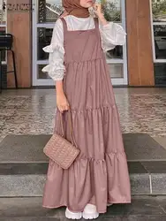 2023 ZANZEA Muslim Women Straps Dress Autumn Solid Ruffles Sundress Elegant Maxi Overalls Dresses Turkey Abaya Hijab OL Vestidos