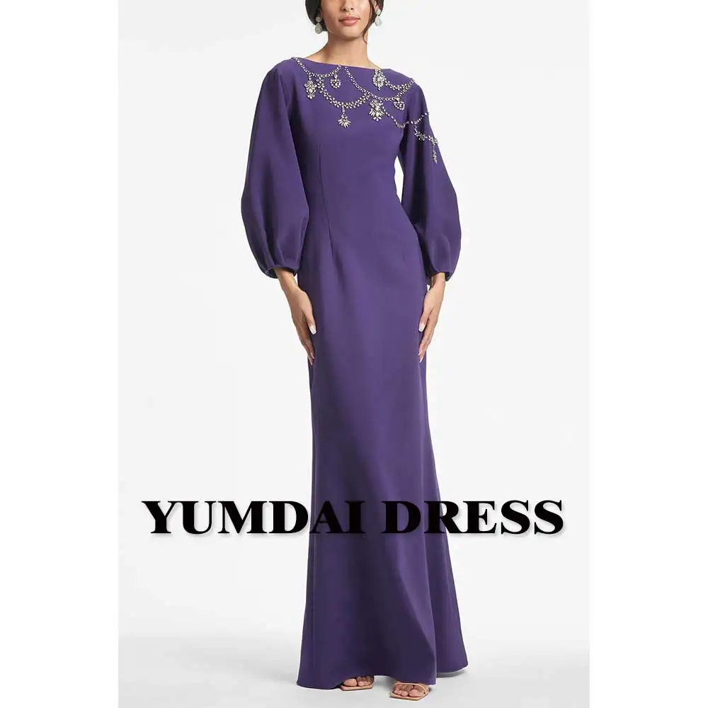 YUMDAI Purple Elegant Long Sleeve Evening Dress Dubai 2024 Wedding Wear Guest Formal Party Dress Special Occasion Mom Crepe Gown