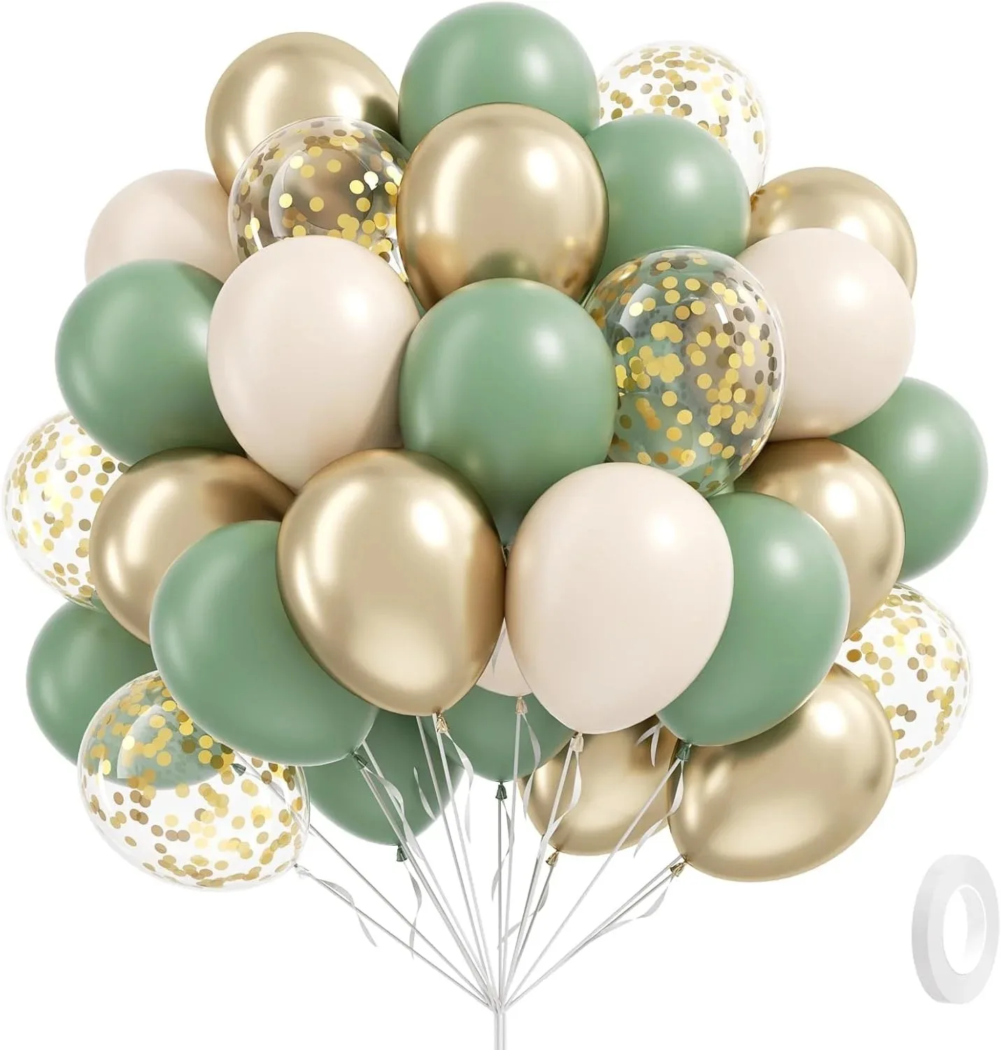 60Pcs Sage green Sand White Metallic Gold Confetti Balloons for Boho Birthday Wedding Bridal Baby Shower Engagement Party Decor