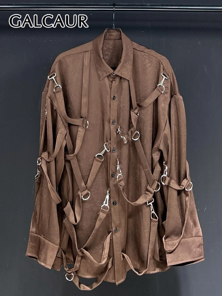 

GALCAUR Solid Loose Spliced Single Breasted Blouse for Women Lapel Long Sleeves Patchwork Lace Up Top Female Fashion Clothing