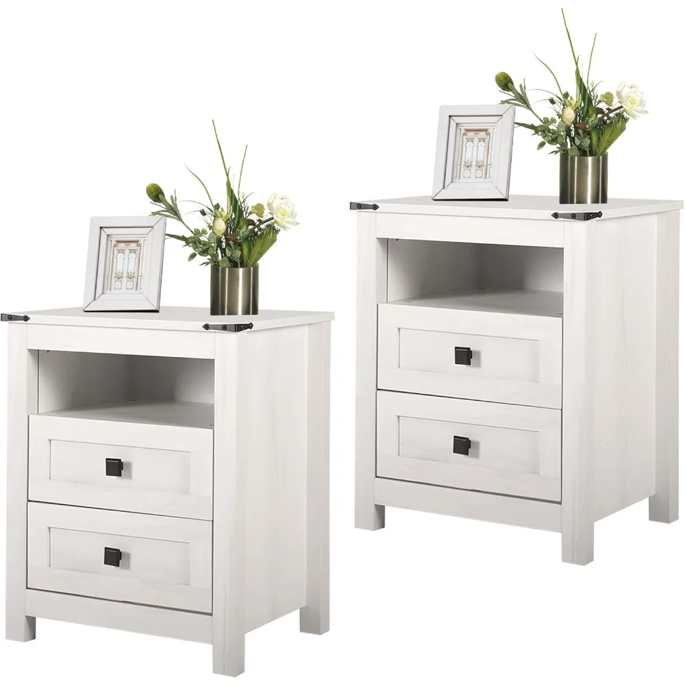 

Farmhouse Nightstand Set 2, Wood Side Table with Drawers and Storage Shelf, Square End Table for Bedroom, Light Beige Rustic Oak
