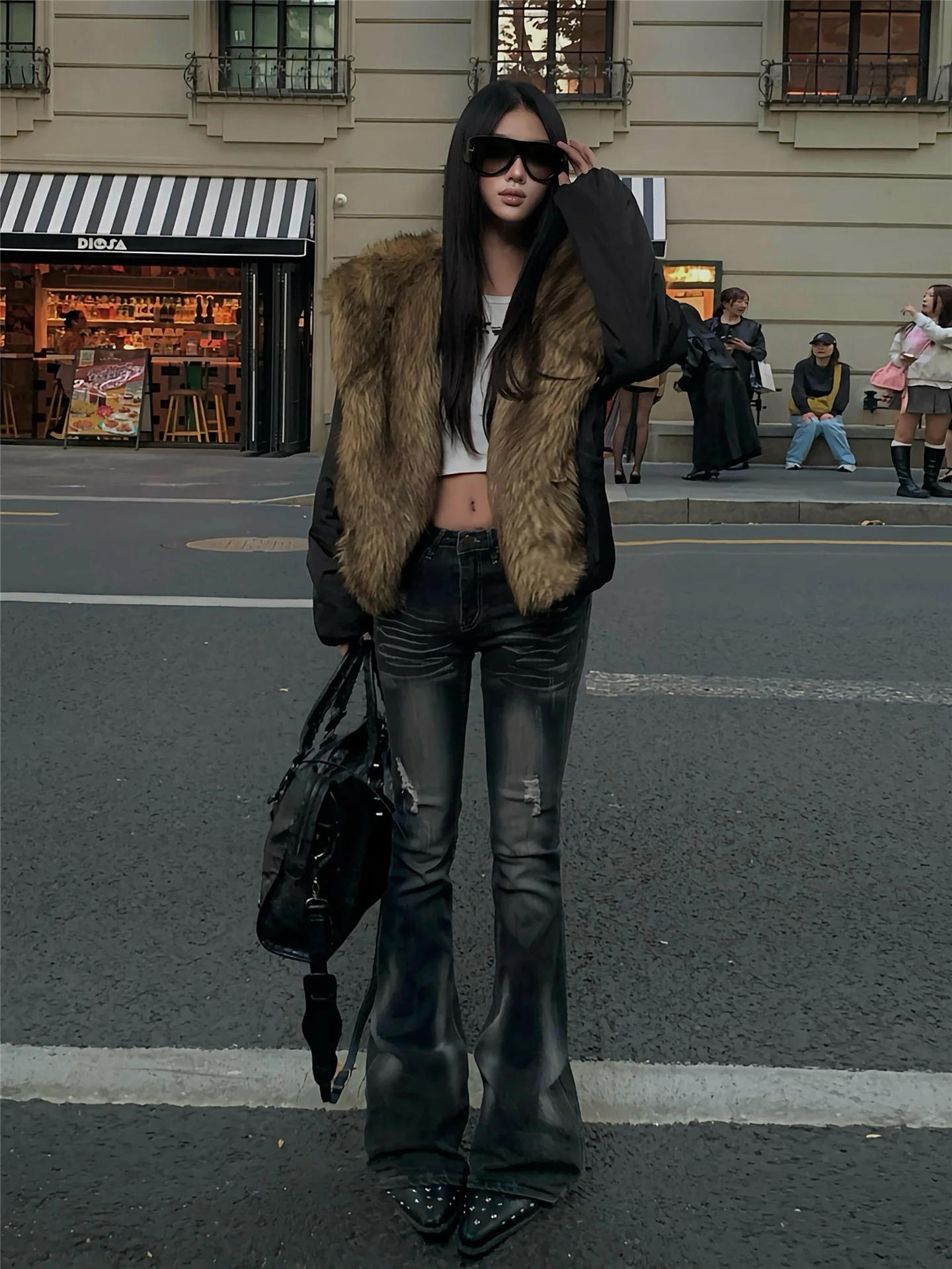 

Ретро-джинсы-клеш с низкой посадкой в американском уличном стиле для женщин, осенне-зимние, облегающие, удлиненные, с эффектом потертости