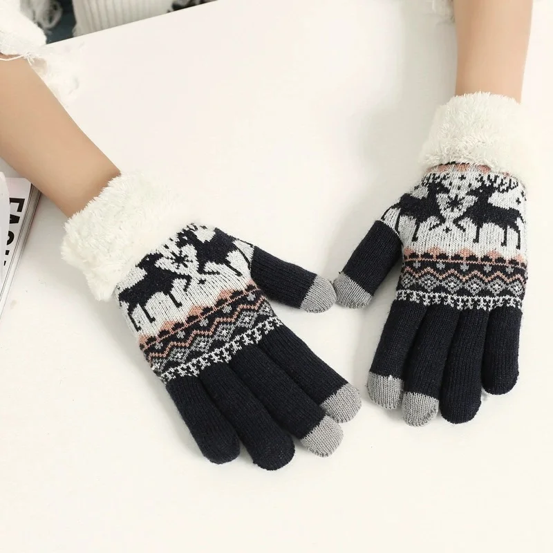 2025 Christmas Thick Reindeer Jacquard Knitted Full Finger Gloves for Women Touchscreen Washable Warm Gloves Soft Skin Friendly