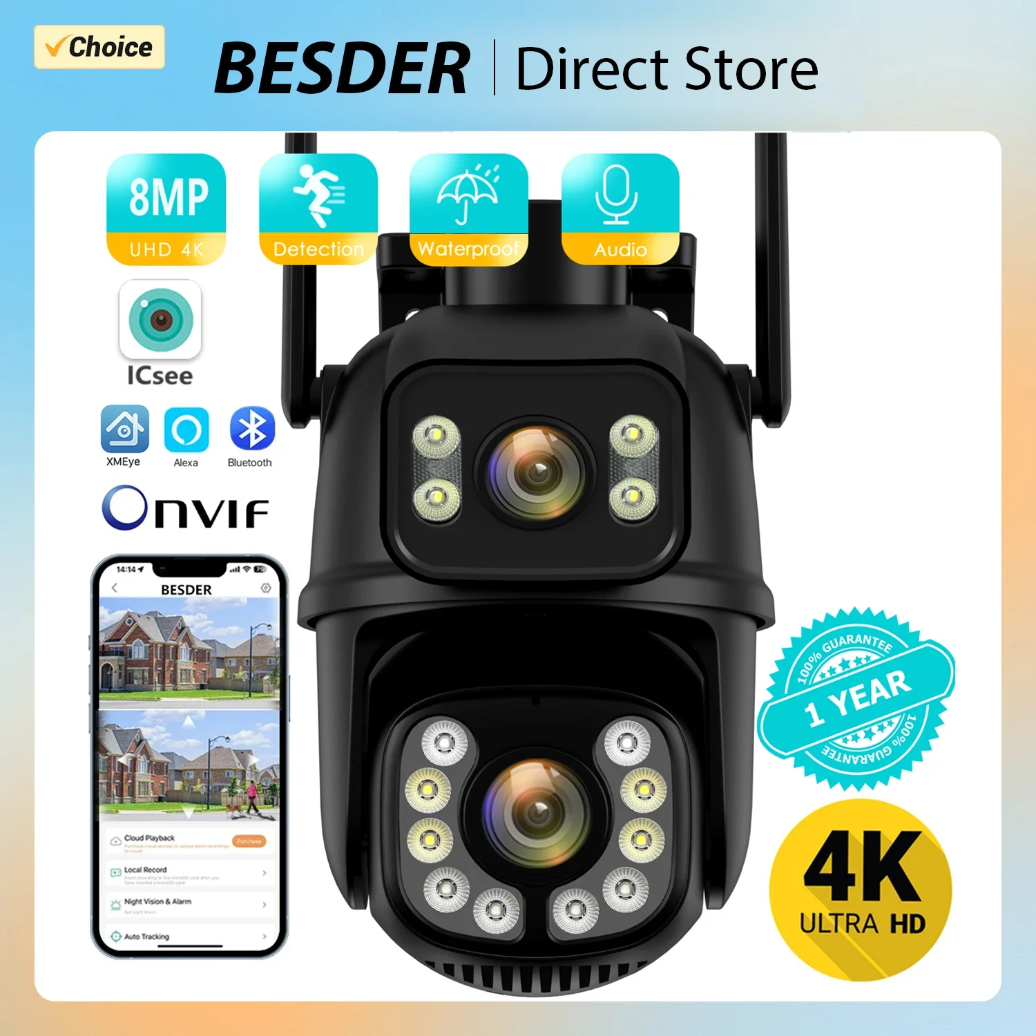 듀얼 렌즈 듀얼 스크린 IP 카메라, 4K 8MP PTZ 와이파이 카메라, 4MP HD 자동 추적 보안 보호 CCTV 감시, ICSee
