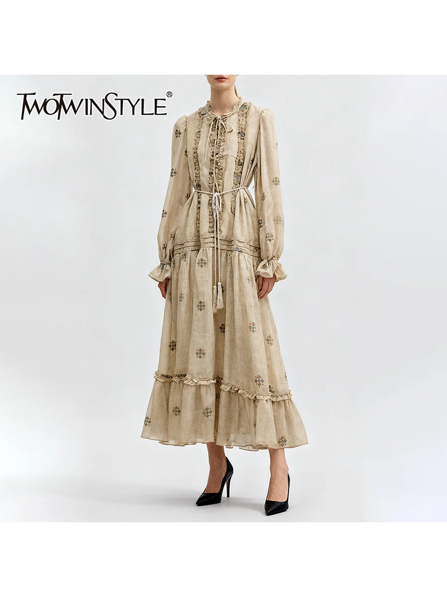 

TWOTWINSTYLE Printing Loose Spliced Lace Up Vintage Dresses for Women O Neck Long Sleeves Patchwork Fungus Folds Dress Female