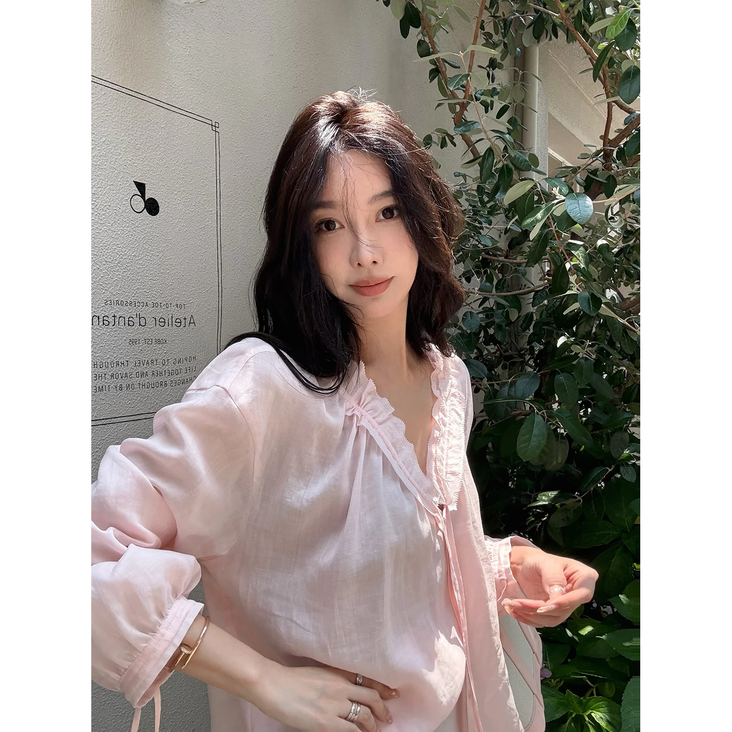 

Женская блузка ivian Oxygen Bellflower Series Thin Linen irt Ele, свободная посадка для поездок на работу, Long Sve V-Ne