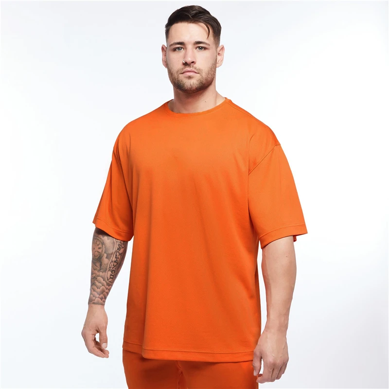 Quick Dry Mesh Oversized T shirts Mens Summer Dropped Shoulder Sports Short Sleeved T-shirt Men Loose Hip-Hop Fitness Tee shirt