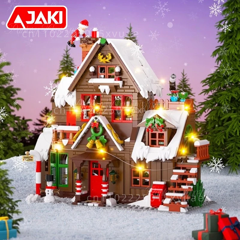 Nuovo JAKI Buon Natale Casa in legno Blocchi di costruzione Puzzle Street View Assemblaggio Giocattolo Modello Decorazioni per il desktop Regali di Natale
