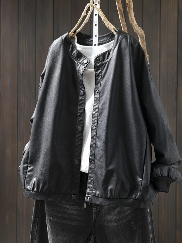 Bla PU Leather Biker Jaet Loose Fit Women's plus Size Autumn New Sle Korean Faion High-End Feelings Coat for Ladies