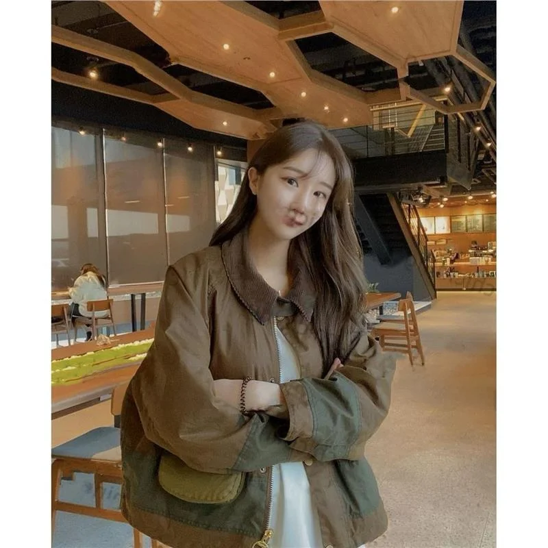 

Loose Fit Color Blo Zipper Collar Women's Jaet Korean Sle Autumn Winter New Arrival Gentle Sle Casual ort Coat