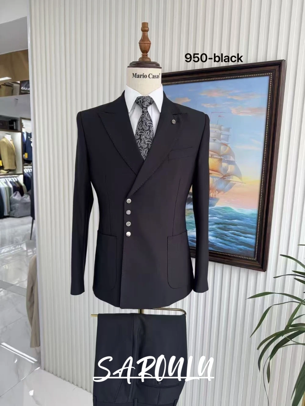 Men's Slim Fit 2 Piece Suit Single Breasted Silver Buttons Tuxedo Formal Blazer Pants Set For Office Work Meeting Wedding