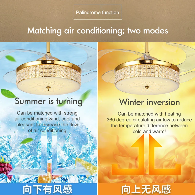 Ventilador de techo de cristal de lujo de 42 pulgadas con luz, lámpara Led moderna con Control remoto y aspas retráctiles para dormitorio