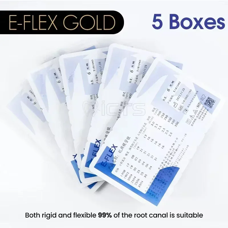 

Curved Canal E-FLEX GOLD 5 Pcs Variable Pitch NiTi Files with Safety Non-cutting Tip Effective Root Canal Preparation Instrument