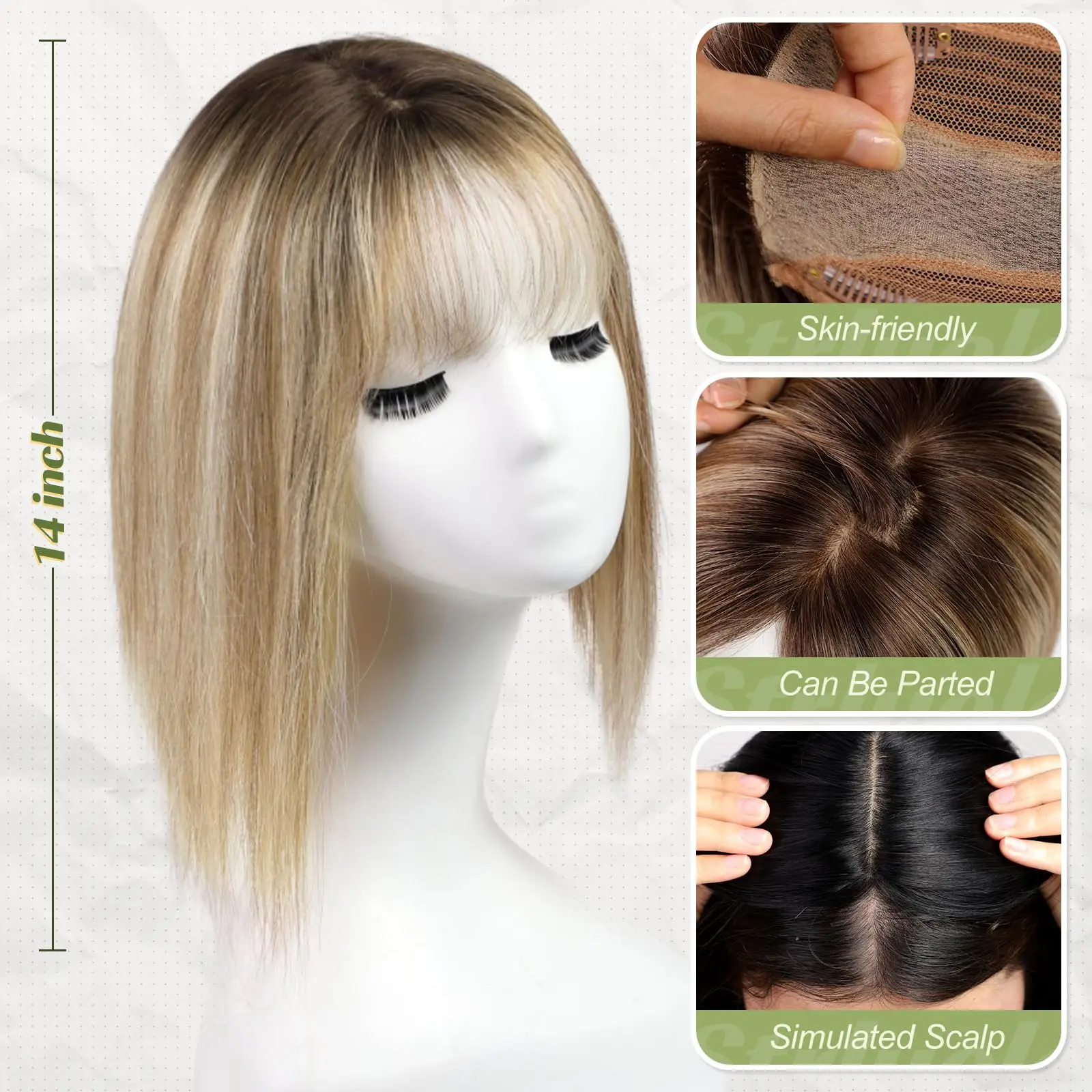 5x5.5inch Silk Base Brown Mixed Blonde Human Hair Toppers with Bangs for Women Hair Loss 14 inch Real Human Hair Topper 3 Clips