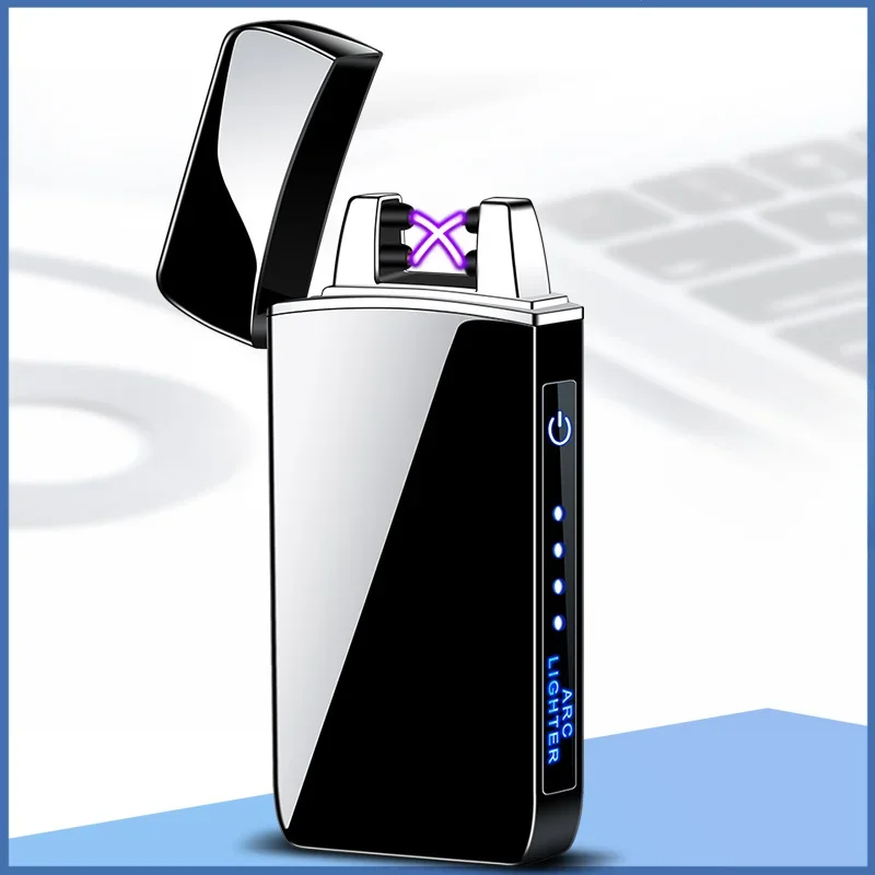 Electric Touch Sensing Lighter Metal Outdoor Windproof  Dual Arc Lighter Flameless Plasma USB Charging Digital Power Display