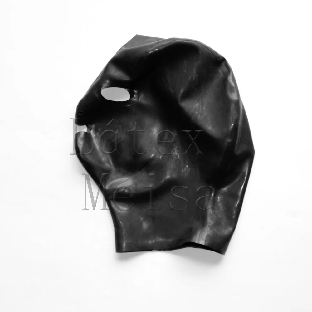 

3D design women's Latex hoods pen eyes and mouth without back zip in black color