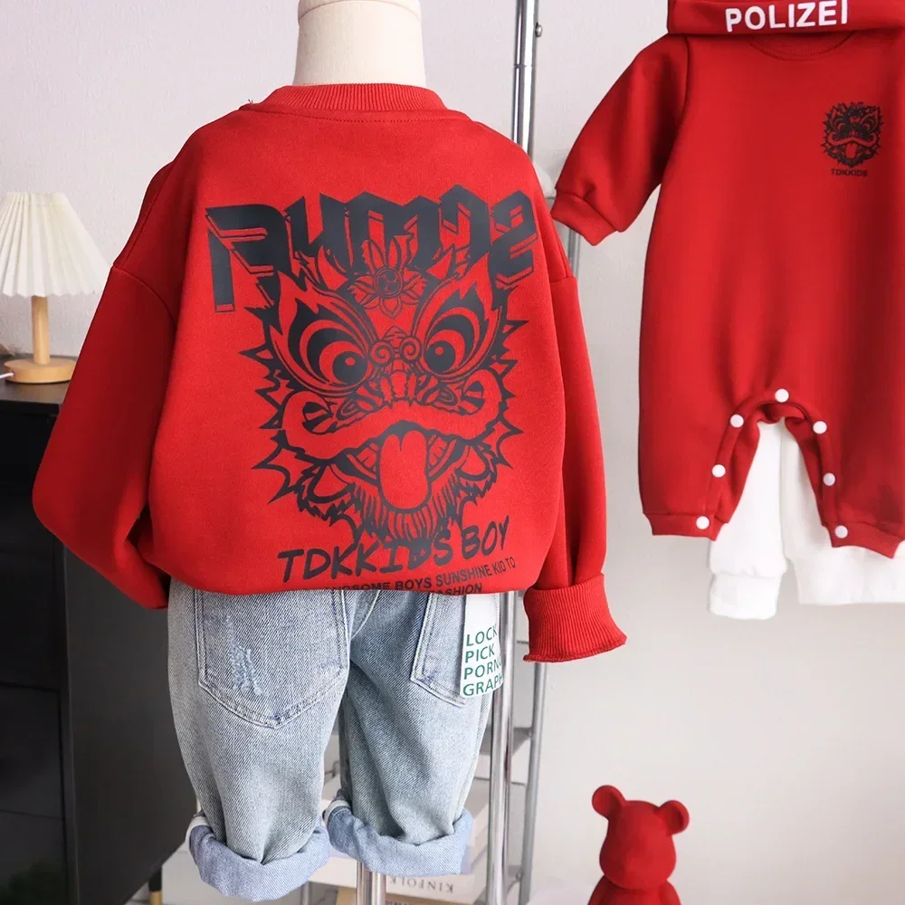 New Year Family Red Sweatshirts Fashion Parent-child Matching Thick Clothes Chinese Dad Mom and Son Daughter Tops Baby Bodysuit