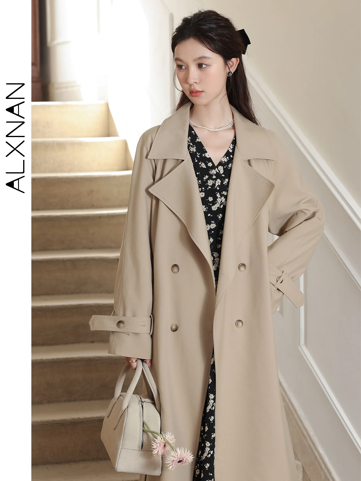 

ALXNAN Women's Khaki Trench Coat Lapel Single Breasted Long Sleeve Jacket Outwear 2024 Autumn Winter Clothes Women LXN31219