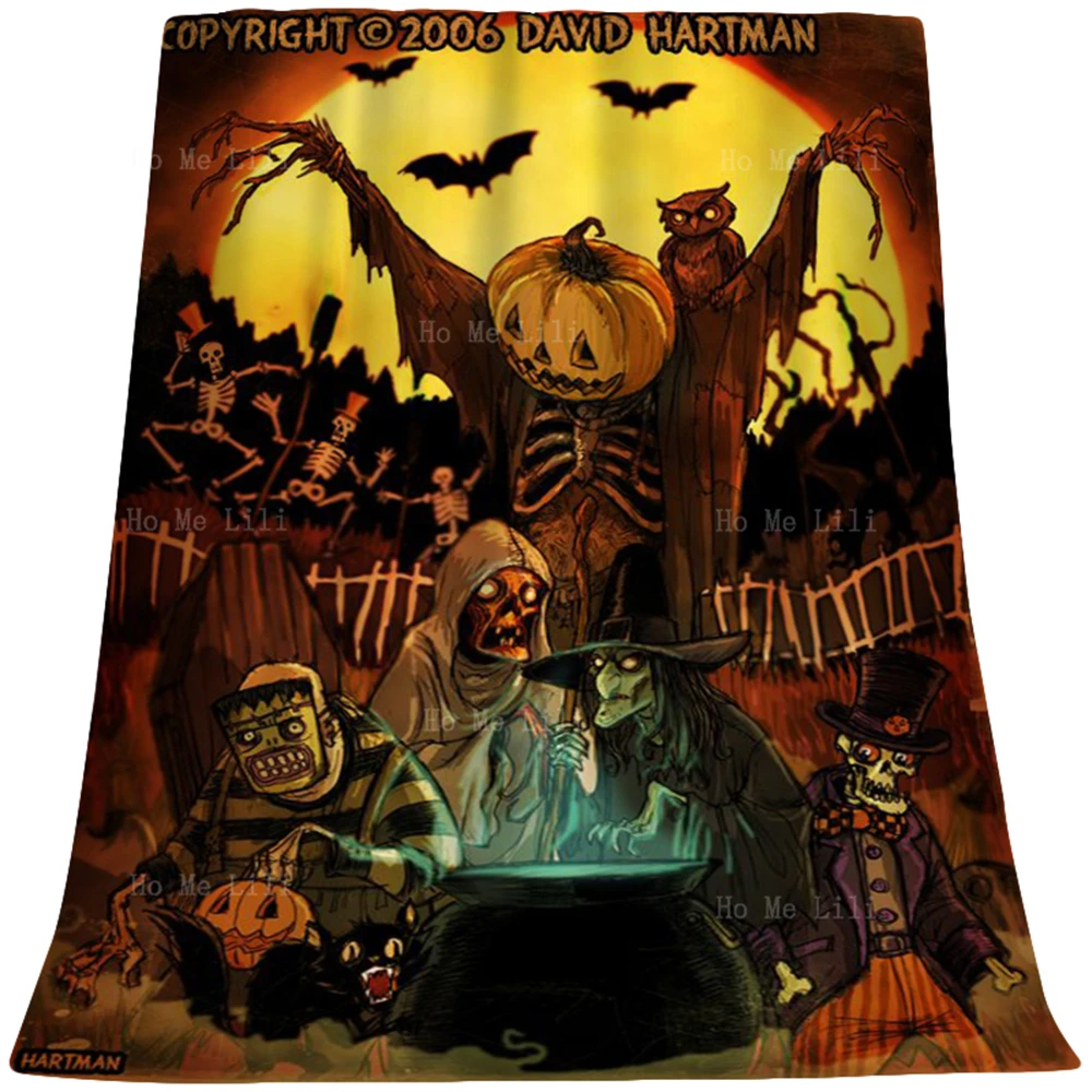 Retro Halloween Art Pumpkin Witch Ghost Dark Old Witch Skull Bat Studies Poisonous Food Flannel Suitable For All Seasons Blanket