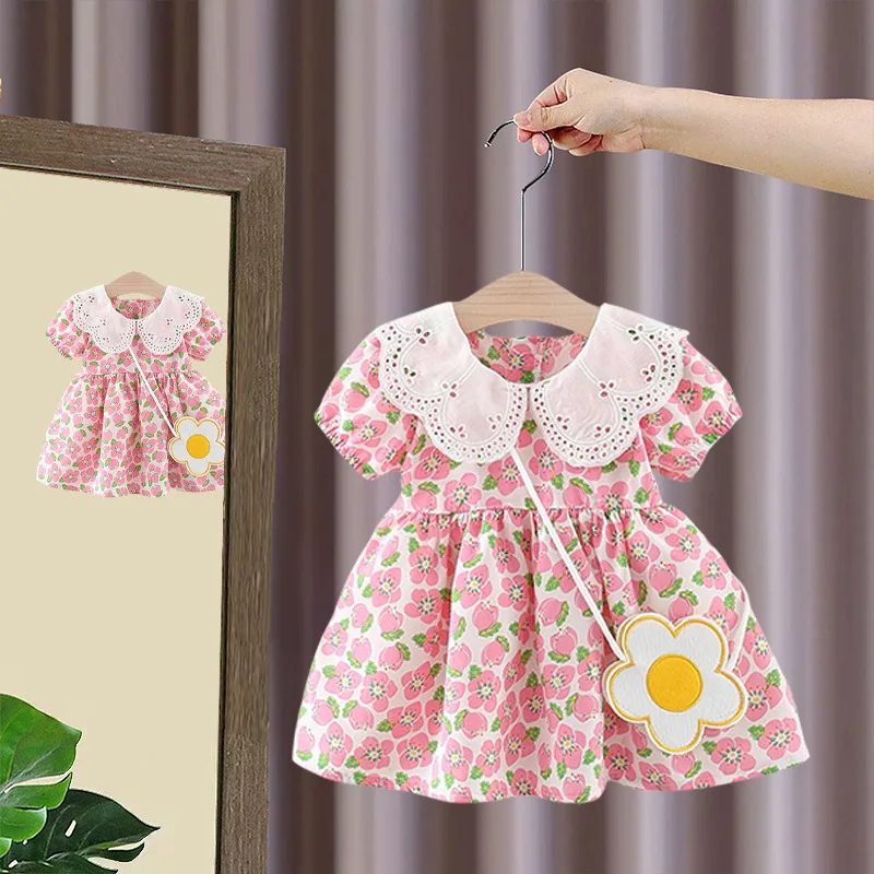 Baby Children's Summer New Doll Neck Lace Panel Printed Dress Children's Short Sleeve Full Print Princess Dress and Bag