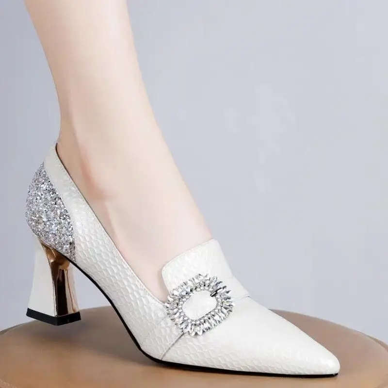 FHANCHU 2023 New Leather High Heels,Women's Rhinestone Pumps,Working Shoes,Slip On,Pointed Toe,White,Size 35-41,Dropship