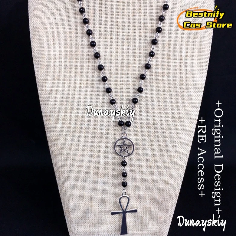 Ankh und Pentagramm Rosenkranz Halskette Lolita Kleid Cosplay Prop Schwarze Perlen Charm Schmuck für Frauen Geschenk COS Einfacher Schmuck
