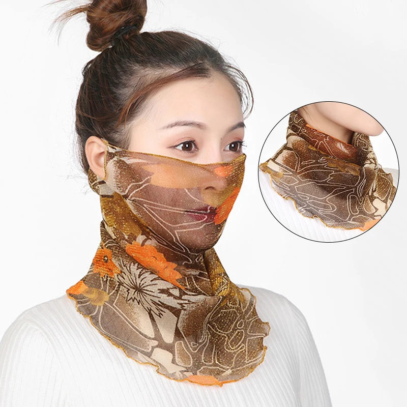 Spring Summer Neck Collar Scarf Women Thin Sunscreen Veil Fashion Floral Print Scarf Mask Mesh Neck Cover Face Cover Masks