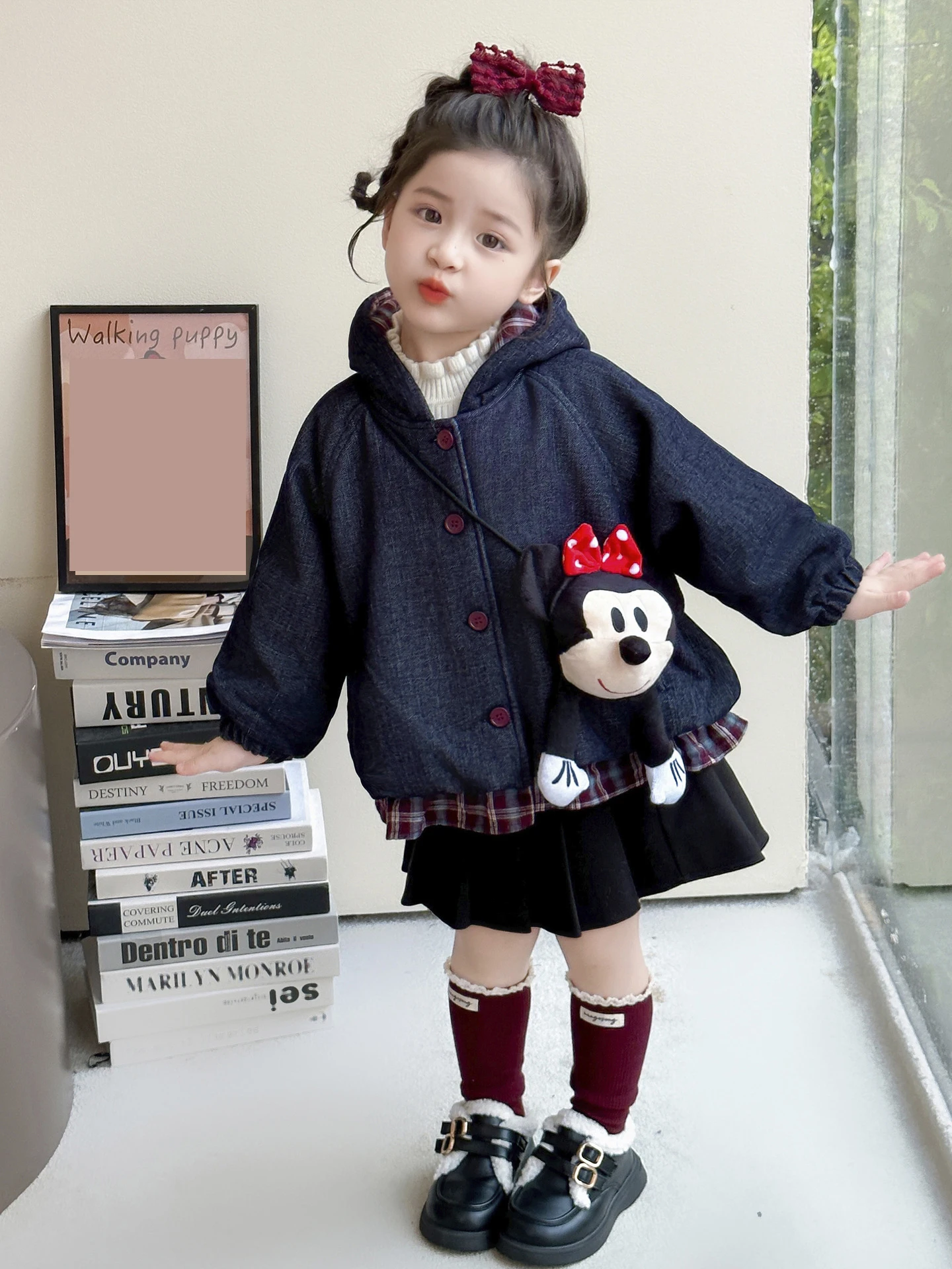 

Disney Girls' Plush Cowboy Coat Single Breasted Patchwork Hoodie Sweet Cute Mickey Mouse Coat Autumn/Winter Children's Clothing