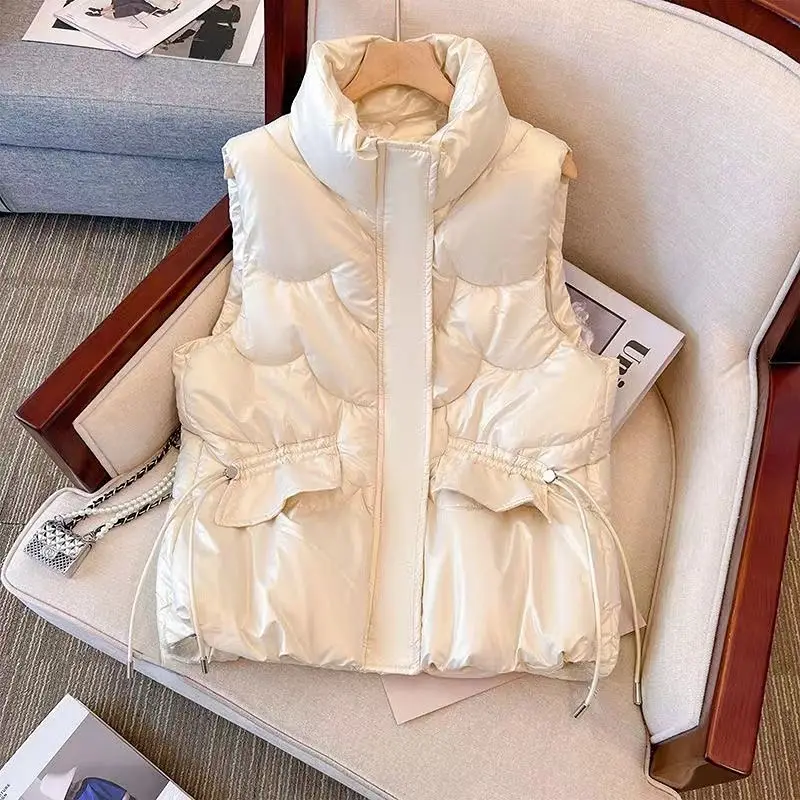 Autumn Winter Parkas Women Sleeveless Cotton-padded Jacket Vest Pocket Korean Chic Waistcoat Quilted Jacket Coat Warm Thick