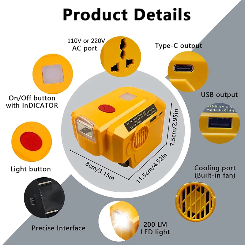 

Для литий-ионной батареи Dewalt 20 в, стандартное зарядное устройство, адаптер, инвертор, порт питания с разъемом переменного тока, USB-порт Type-C, инвертор мощности