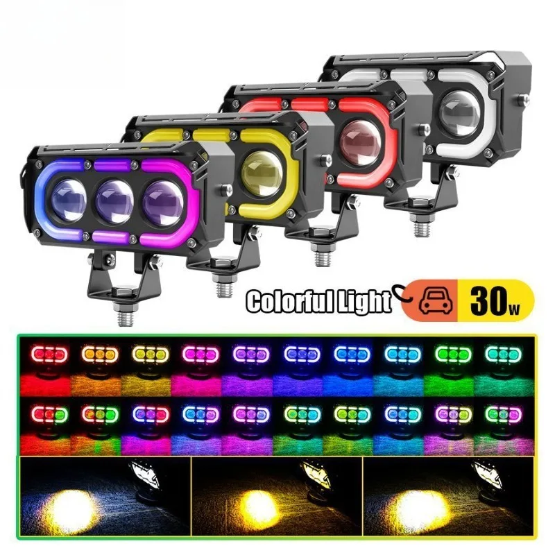 Image of 1PCS Motorrad RGB Blende Led-strahler Objektiv 30W Weiß Gelb High/Low Strahl Moto Scheinwerfer LED fahren Lichter 12V